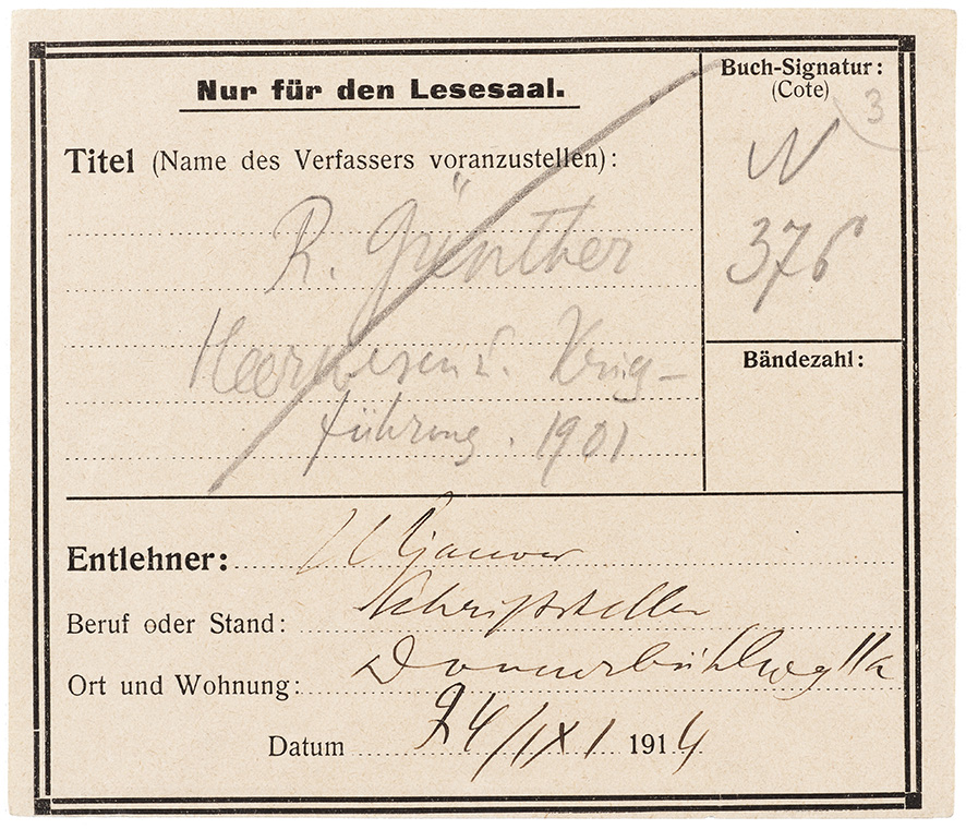 Fiche de lecture de Lénine à la bibliothèque de Berne