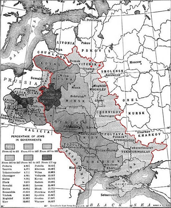 La carte de la "zone de peuplement" des Juifs, en rouge: les villes où Pruss a séjourné Grodok, Nevel et Velizh